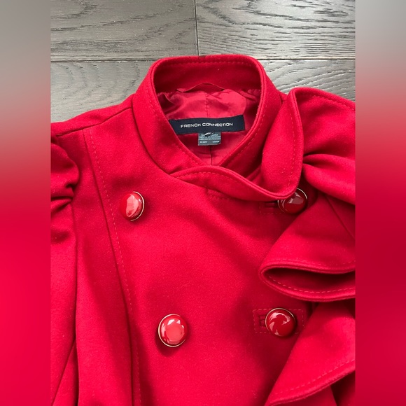 French Connection Womens Red Waterfall Ruffle Double Breasted Pea Coat Sz 10 - Picture 4 of 12